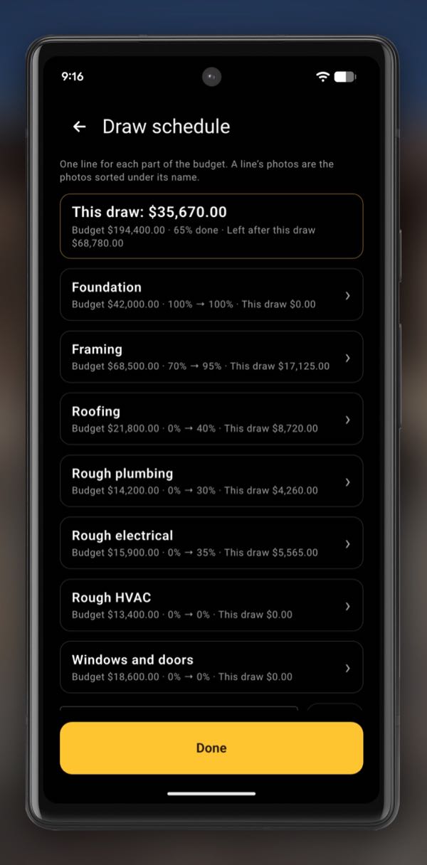 InspectCam Pro's draw schedule page: This draw: $35,670.00, with Budget $194,400.00, 65% done, Left after this draw $68,780.00, then seven budget lines, each with its budget, percent done at the last draw and now, and this draw's amount: Foundation, Framing, Roofing, Rough plumbing, Rough electrical, Rough HVAC, and Windows and doors.