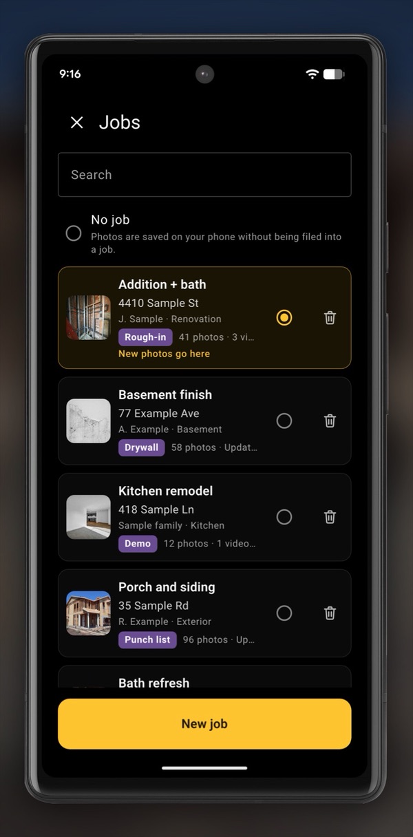 InspectCam Pro's jobs list for a sample company: a search box, No job, then jobs with photo thumbnails, newest update first: Addition + bath with the status Rough-in, marked New photos go here; Basement finish, Drywall; Kitchen remodel, Demo; Porch and siding, Punch list; and Bath refresh, partly in view; with a New job button.