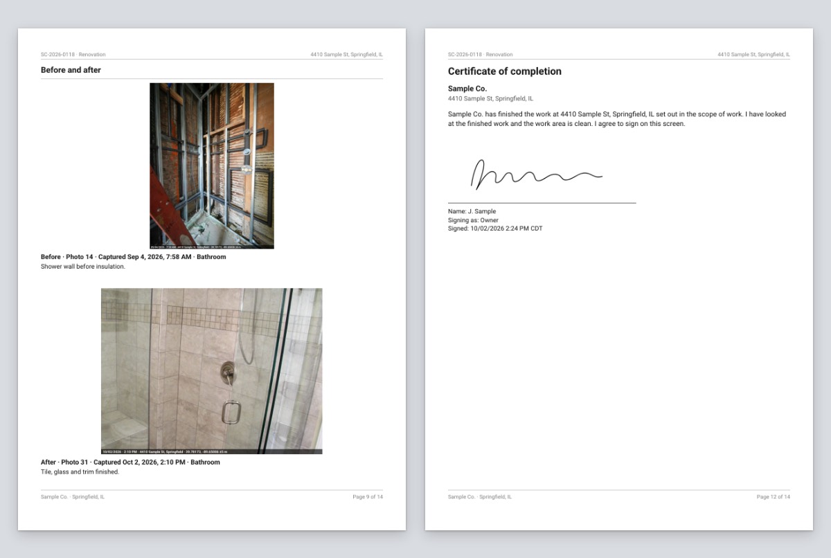 Two pages of a sample Pro report for 4410 Sample St. Left, the Before and after page: the opened shower wall captured Sep 4, 2026, 7:58 AM above the finished tiled shower captured Oct 2, 2026, 2:10 PM, each with its stamp and note. Right, the Certificate of completion: Sample Co.'s wording, a signature, and Name: J. Sample, Signing as: Owner, Signed: 10/02/2026 2:24 PM CDT.