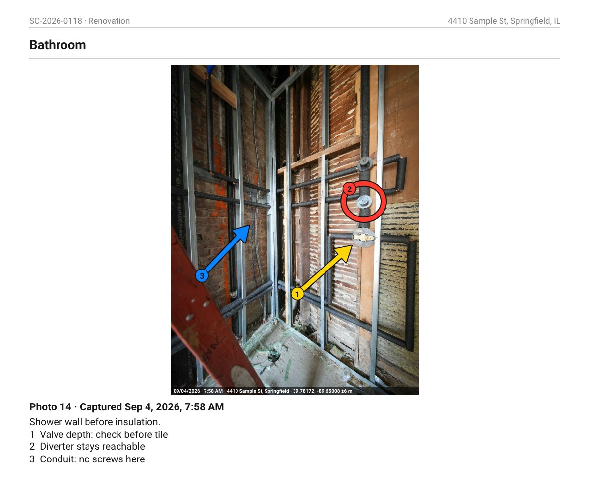 A page of a sample Pro report under the heading Bathroom: a photo of an opened shower wall with insulated pipes and a new valve, a thin stamp along its bottom with the date, time, address and GPS position, a yellow arrow numbered 1 at the valve, a red circle numbered 2 round the diverter and a blue arrow numbered 3 at a flexible conduit. Below it: Photo 14, captured Sep 4, 2026, 7:58 AM, the note Shower wall before insulation, and what each number means: 1, valve depth, check before tile; 2, diverter stays reachable; 3, conduit, no screws here.