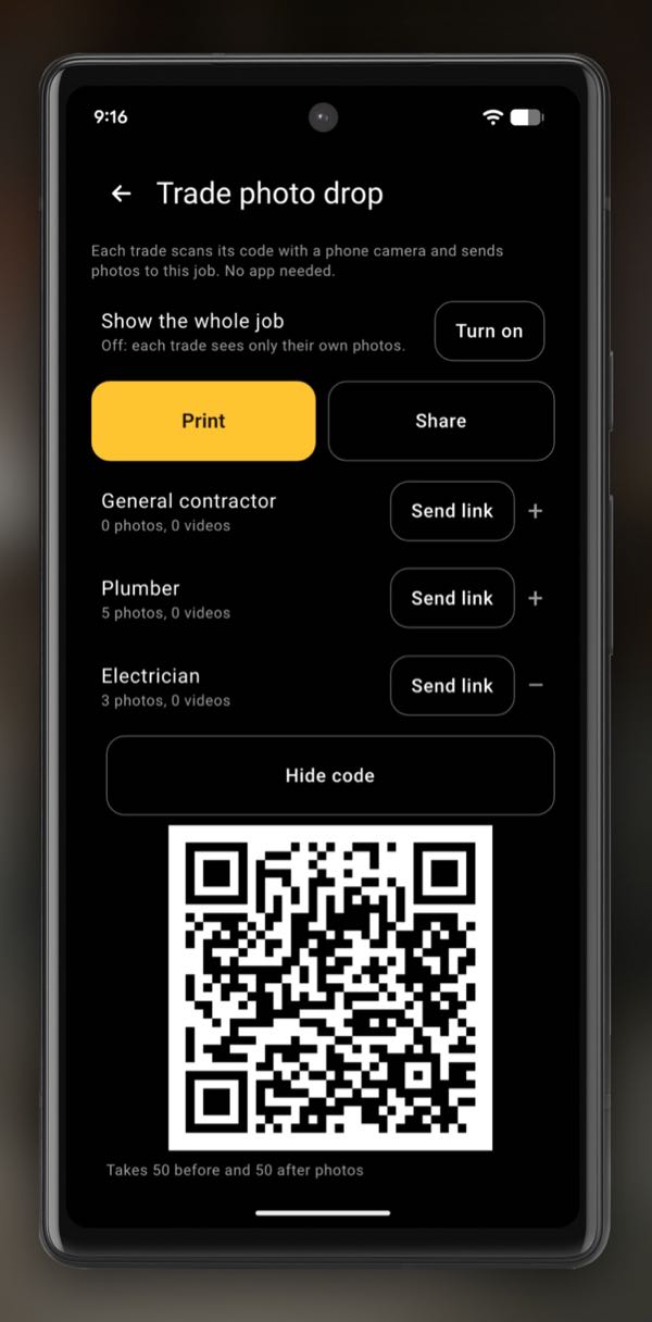 InspectCam Pro’s Trade photo drop page for a job: Show the whole job, off; Print and Share for the code sheet; then General contractor, Plumber and Electrician, each with its photo count and a Send link button, and the Electrician’s QR code open on screen above the line Takes 50 before and 50 after photos.