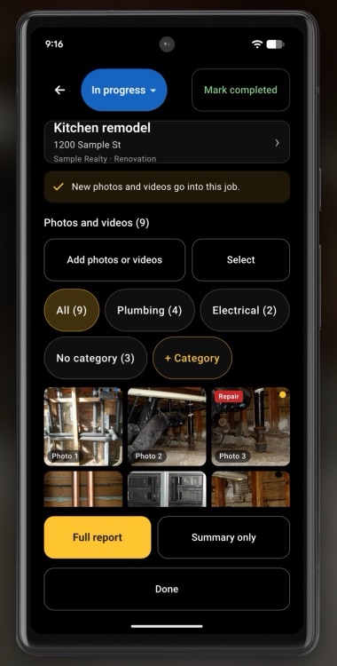 A Pro job page with a photo grid and Plumbing and Electrical chips.