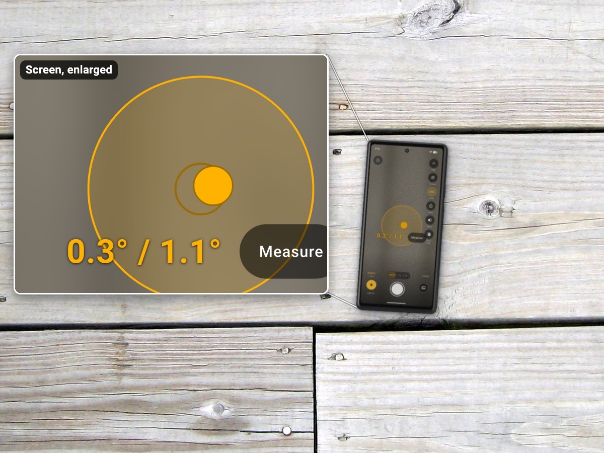 Illustration: a phone lying face up on weathered gray deck boards with InspectCam open. An enlarged inset of its screen shows the level lying down: an amber ring with a see-through amber fill, a solid amber bubble just right of the centre mark, and 0.3° / 1.1° under it beside a Measure button.