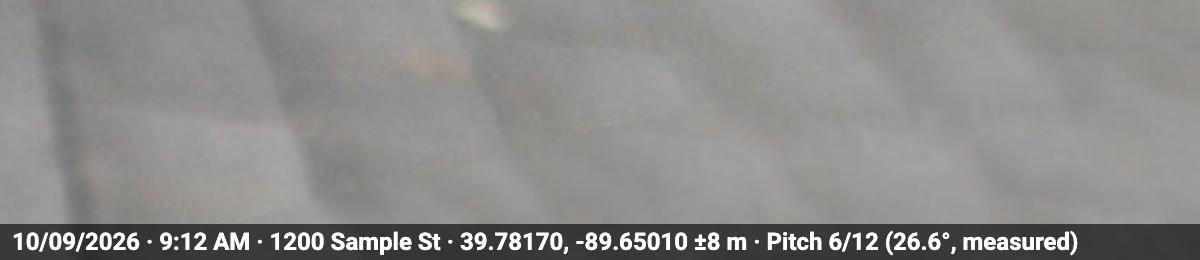 The bottom of a photo Measure took on a shingle roof, with the Pro stamp along it: 10/09/2026 · 9:12 AM · 1200 Sample St · 39.78170, -89.65010 ±8 m · Pitch 6/12 (26.6°, measured).