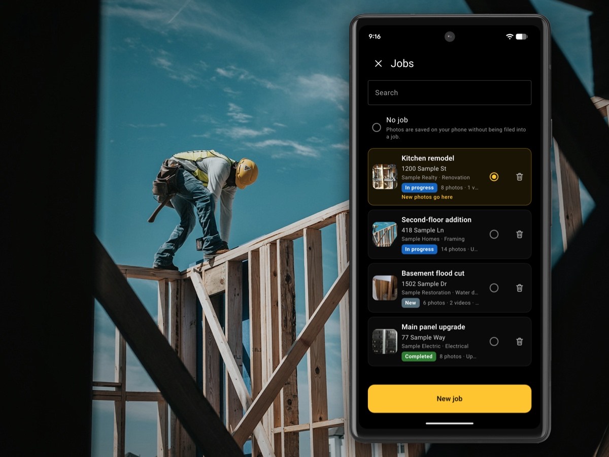 InspectCam Pro’s jobs list on a phone, in front of a framer in a hard hat working on top of a stud wall: four sample jobs, each with a photo, an address, a client, a status and a photo count, and the kitchen remodel marked as the job new photos go into.