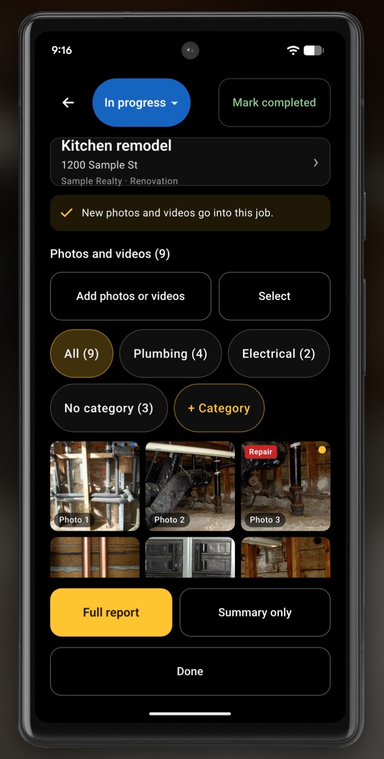 InspectCam Pro’s page for a sample kitchen remodel: an In progress status and a Mark completed button, a short card with the address, client and job type, a line saying new photos and videos go into this job, Add photos or videos and Select, category chips for All, Plumbing, Electrical and No category, and a grid of the job’s photos and a video, from the open wall to the crawl space under the kitchen, one marked Repair. Full report, Summary only and Done along the bottom.