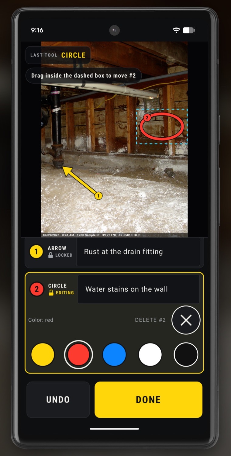 InspectCam Pro’s markup screen: a crawl space photo with a yellow arrow numbered 1 pointing at a rusted fitting at the foot of a drain stack and a red circle numbered 2 around water stains on the wall, inside a dashed box. Below the photo, a line of words for each number, Rust at the drain fitting and Water stains on the wall. Mark 2 is unlocked, with Color: red, a delete button and five color swatches: yellow, red, blue, white and black. Undo and Done along the bottom.