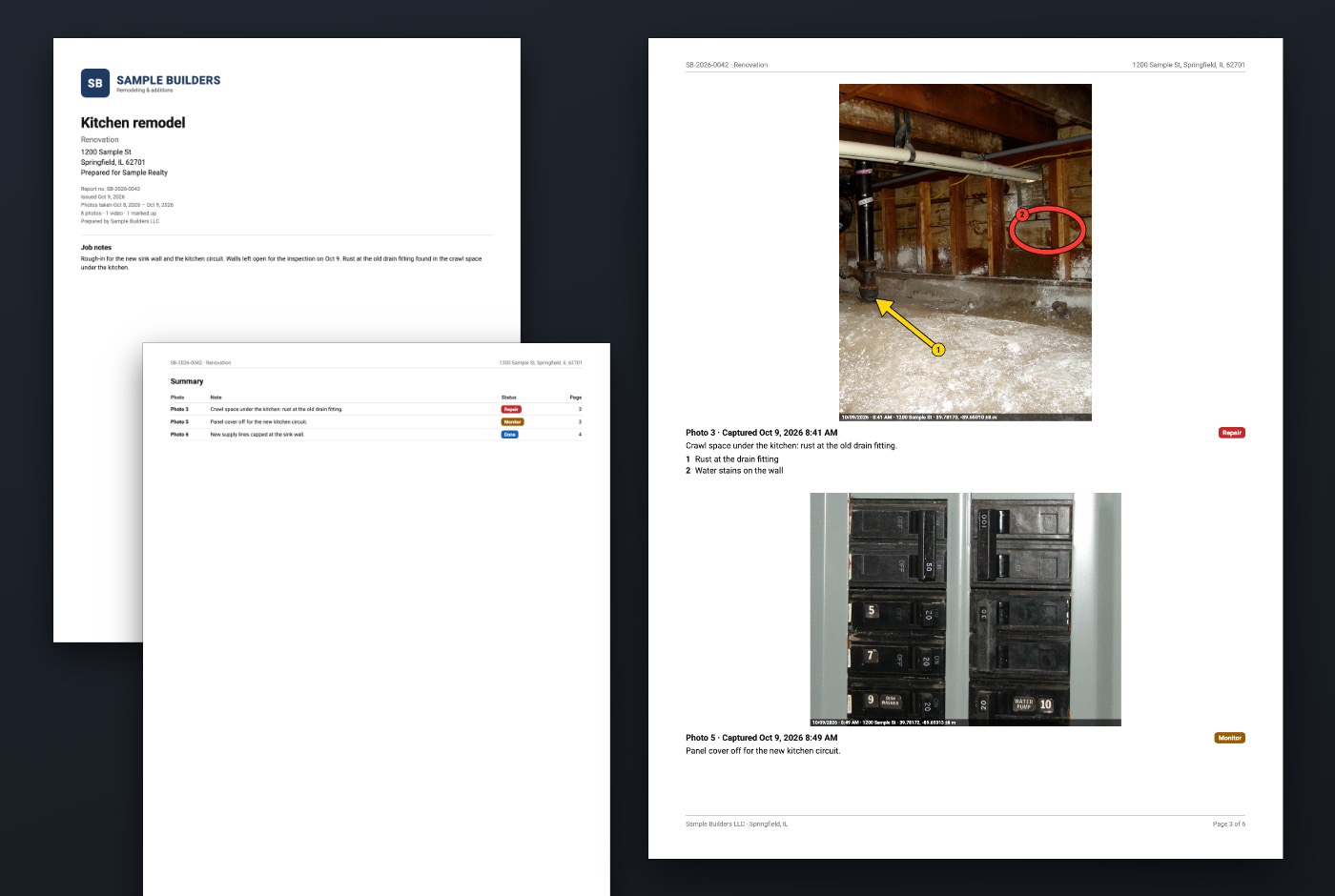 Three pages of a sample InspectCam Pro report from a sample company, Sample Builders. The cover has the logo, the job name, the address, who it was prepared for, the report number SB-2026-0042 and the dates. The summary page lists three photos with the statuses Repair, Monitor and Done. The photo page shows the crawl space photo with its numbered arrow and circle, its capture time, a Repair status and what each number means, then a breaker panel marked Monitor.