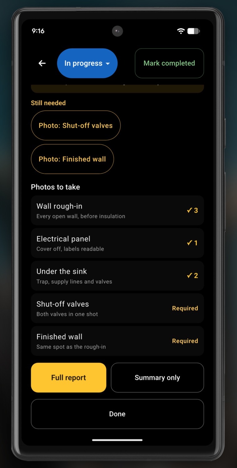 InspectCam Pro’s page for a job started from a template, scrolled down. Under Still needed, two chips: Photo: Shut-off valves and Photo: Finished wall. Under Photos to take, five rows with a short tip each: Wall rough-in, Electrical panel and Under the sink are ticked with how many photos each has; Shut-off valves and Finished wall say Required.