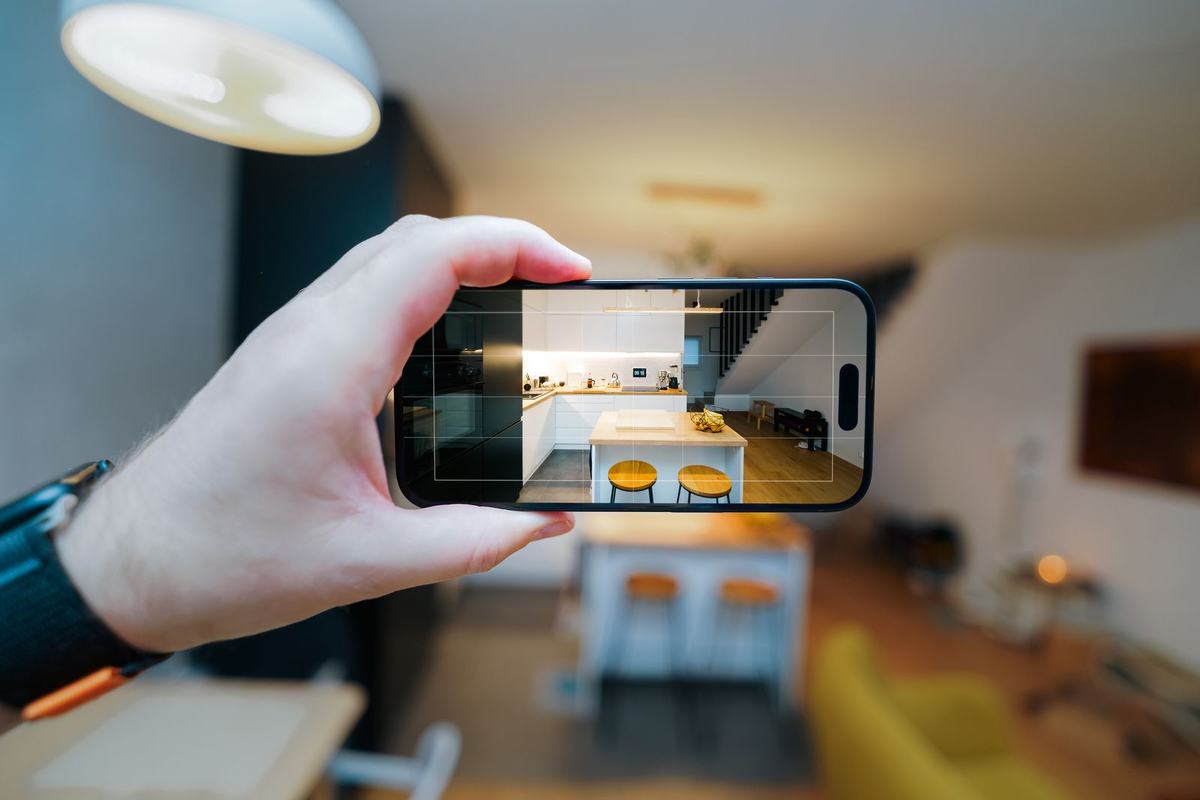 A hand holding a phone up to photograph a finished kitchen, the island and stools framed on the phone screen.