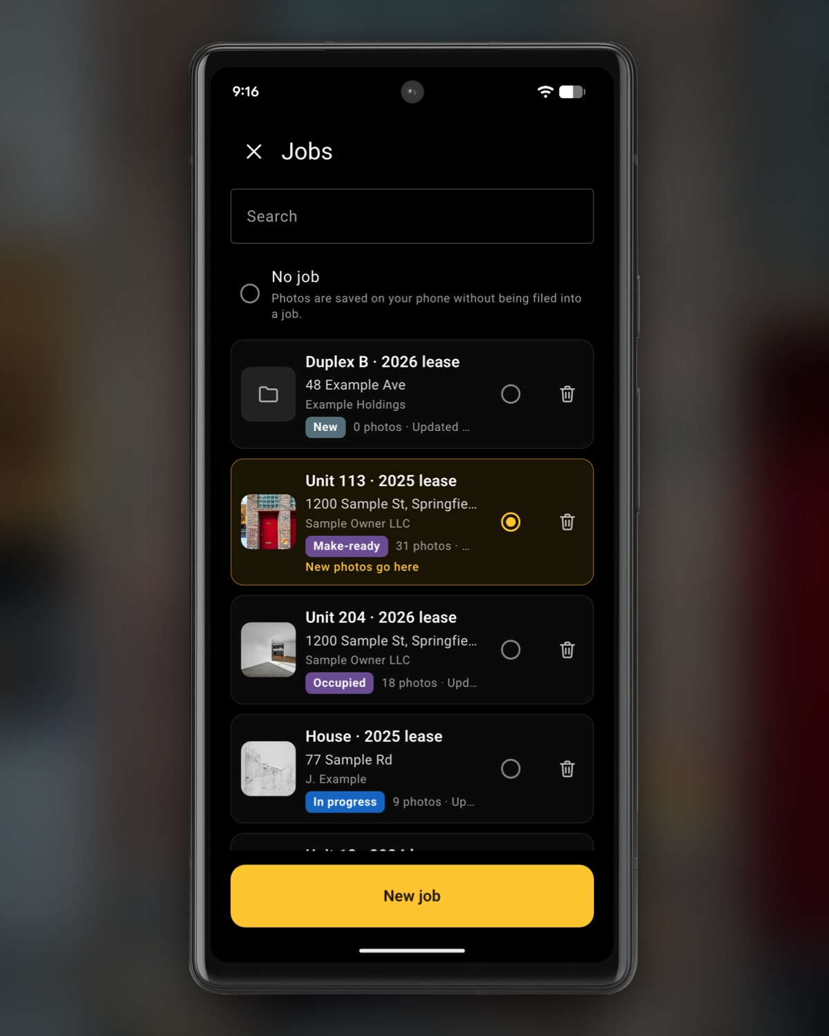 Pro’s jobs list with one job per unit and its status.