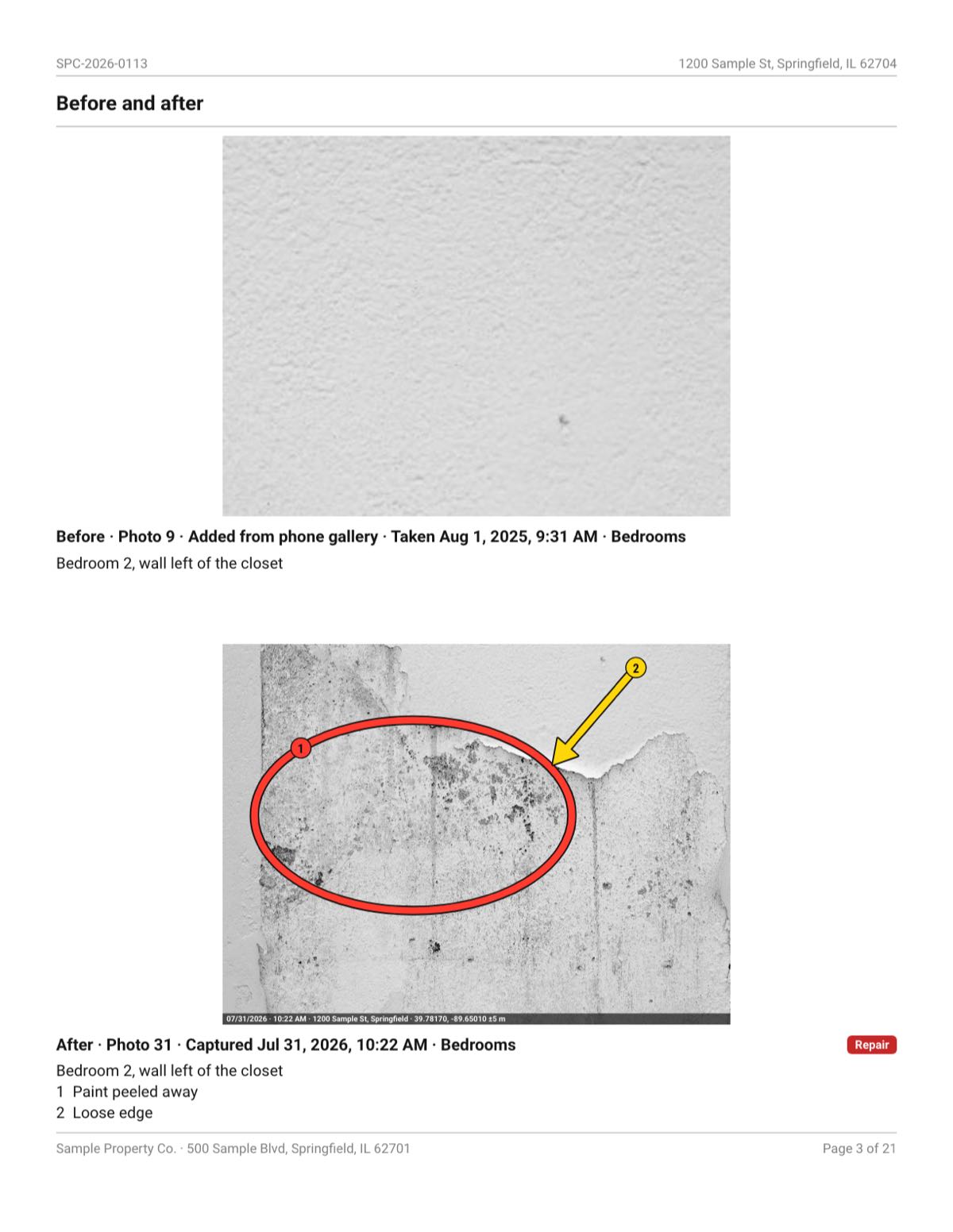 A before-and-after page from a sample move-out report, page 3 of 21. Top: Before, photo 9, added from the phone’s gallery, taken Aug 1, 2025, 9:31 AM, Bedrooms: a clean white wall. Bottom: After, photo 31, captured Jul 31, 2026, 10:22 AM, Bedrooms, tagged Repair: the same kind of wall with a large patch of paint peeled away, stamped along its bottom edge, with a red circle numbered 1 around the bare patch and a yellow arrow numbered 2 at the loose edge. Under it: 1, paint peeled away; 2, loose edge.